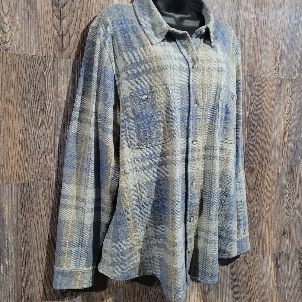 Faherty Women's Legend Sweater Shirt Size XXL Light Gray/Blue Plaid Flannel - Picture 2 of 8